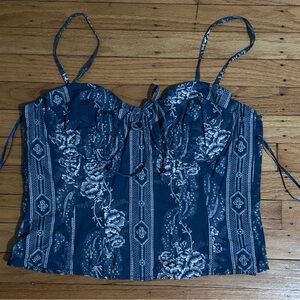 Ralph Lauren Corset Top Denim Blue Floral Bustier Sz 12